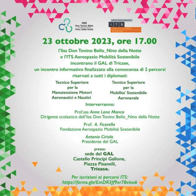 Incontro informativo del 23 ottobre 2023 sui percorsi di formazione attivati dall’IISS Don Tonino Bello_Nino della Notte,e dall’ITS Aerospazio Mobilità Sostenibile Incontro informativo del 23 ottobre 2023 sui percorsi di formazione attivati...
